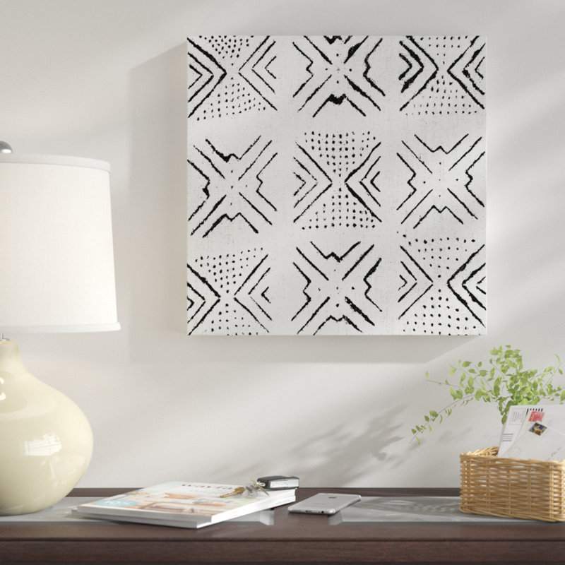 «Mudcloth White Geometric Design IV», impression sur toile, H 37 po x l 37 po x P 1,5 po, Toile tendue, Pas de tapis