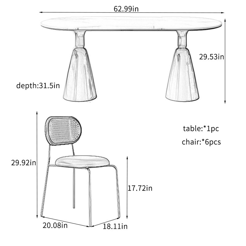 Light Luxury Rock Panel Oval Dining Table Sets., 29.53"H x 62.99"L x 31.5"W