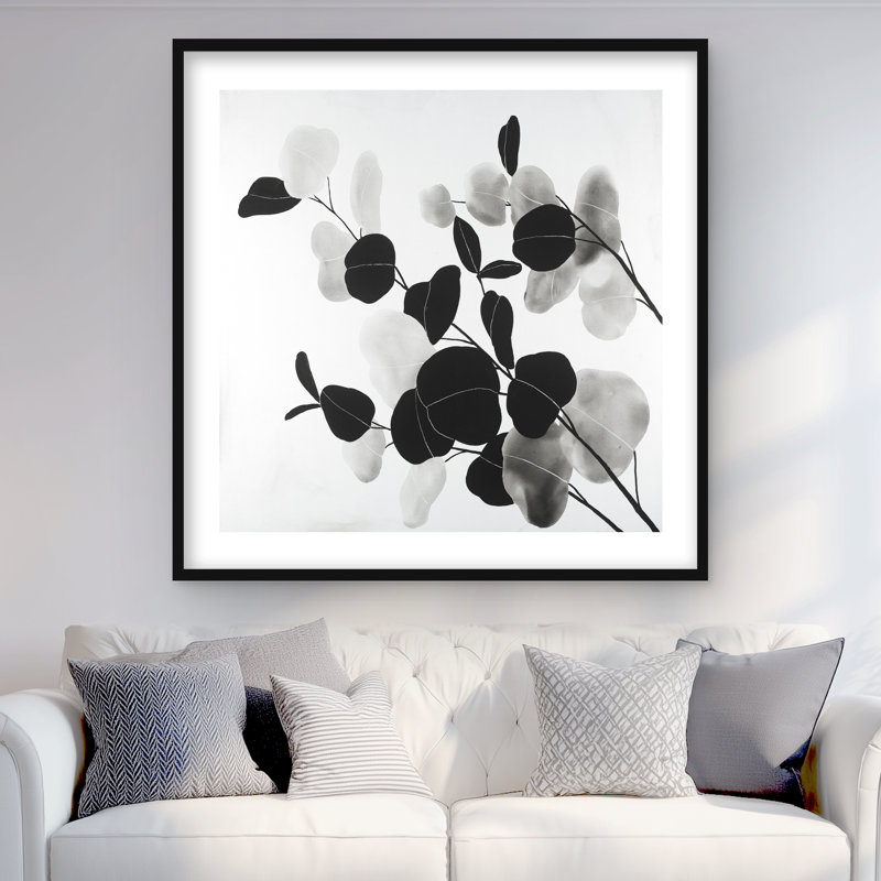Branches en niveaux de gris avec feuilles - chambre à coucher, reproduction encadrée blanche