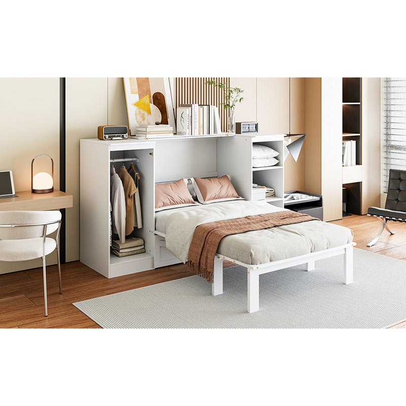 Lit simple en blanc avec rangement de chevet et garde-robe