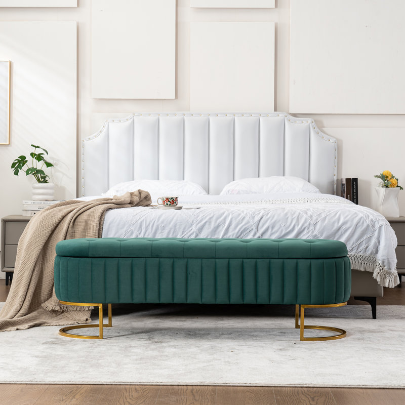 Shaneta 55" Velvet Storage Bench with Gold Legs, Vert