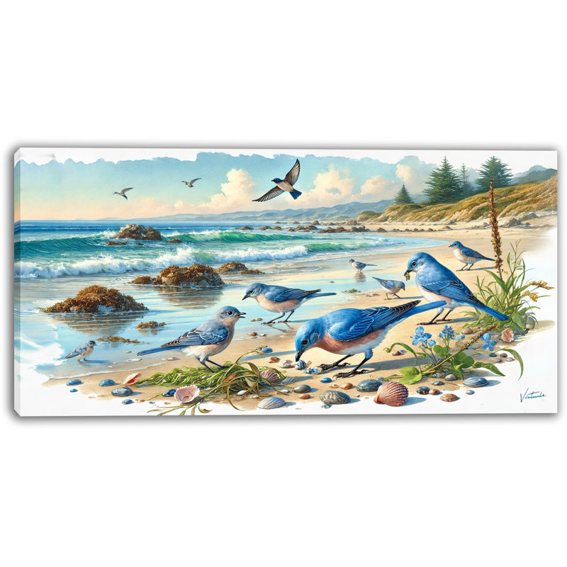 «Coastal Harmony: Bluebirds by the Shore», art mural sur toile tendue, H 20 po x l 40 po