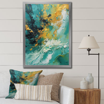 «Golden Turquoise Waves Breaking Abstract I», reproduction d'art sur toile
