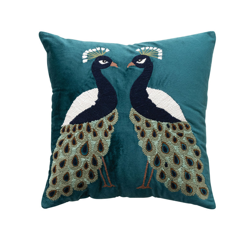 Velvet Pillow With Embroidered Peacocks And Chambray Back