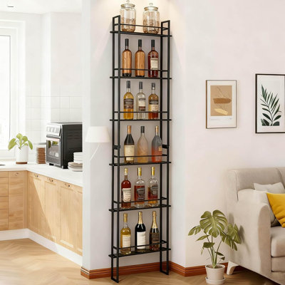 Wine Racks Wall Mounted, 6-Tier Wine Storage Holder, Black Industrial Bar Liquor Bottle Display Shelf, For Home Bar, Kitchen, Dining Rooms, & Wine Cel by Hokku Designs