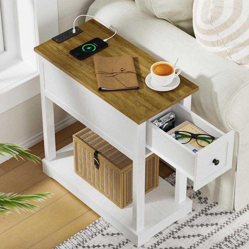 Ensemble de 2 tables de bout Farmhouse avec station de charge, table d'appoint étroite avec tiroir et tablette ouverte