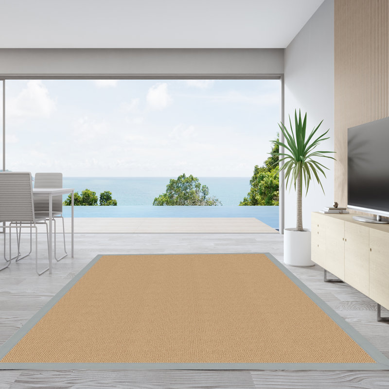 Nannette Handmade Medium Beige Berber with Ice Blue Cotton Border Made in the USA Area Rug, Rectangle 9'10" x 13'