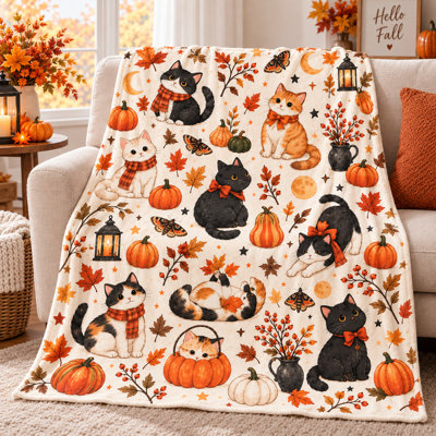 Autumn Cat Flannel Throw Blanket with Pumpkins, Lanterns, Maple Leaves and Moon Accents, Cozy Fall Layer for Couch, Sofa, Bed and Reading Nooks, 30 x 40 in
