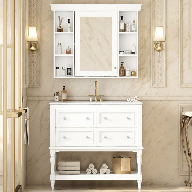 Ensemble de meuble-lavabo et armoire à pharmacie, 4 tiroirs, tablette supplémentaire, lavabo en céramique avec armoire, peinture imperméable