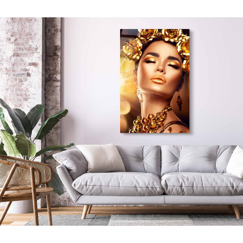 Maquillage et bijoux à lèvres dorées, portrait de mannequin beauté, art mural acrylique, H 45 po x l 30 po x P 2 po, Unframed