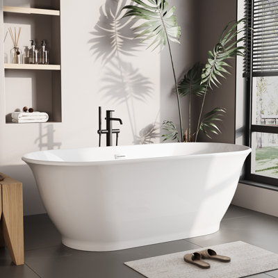 67" Freestanding Bathtub, Non-Slip Acrylic Soaking Tub with Overflow, Matte Silver Drain, Modern Stand Alone Tub, Deep Free Standing Bath Tub for Bathroom, Hotel, Easy Install, CUPC Certified