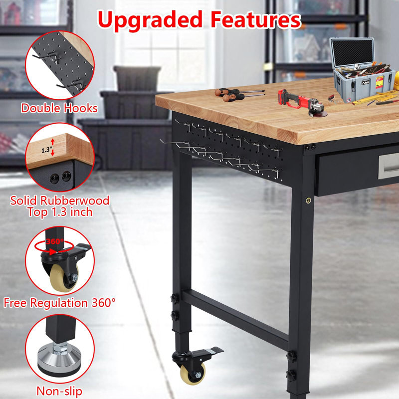 48'' W Manufactured Wood Top Height-Adjustable Workbench with Wheels