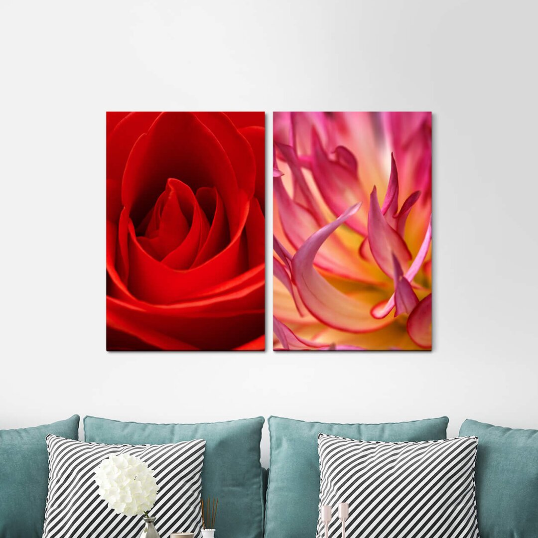 2-tlg. Leinwandbilder-Set - Grafikdruck „Rose Red Passion Flowers Romantic”