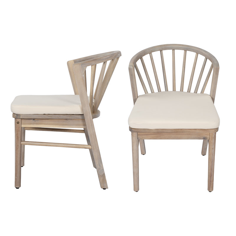 Ensemble de 2 chaises de salle à manger d'extérieur en bois d'acacia massif avec coussins lavables à la crème - Chaises de patio à dossier fuselé classique Windsor - Finition blanc clair