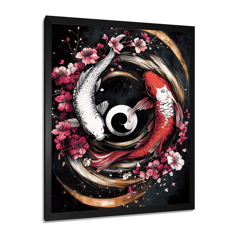Sakura Yin et Yang Koi Pond I - reproduction d'art mural Kois Fish, Toile encadrée noire simple, H 44 po x l 34 po x P 1,5 po
