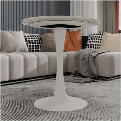 27.6-inch white coffee table, mid-century modern style dining table, suitable for 2-4 people, featuring a round white-veined marble tabletop, perfect for various settings.