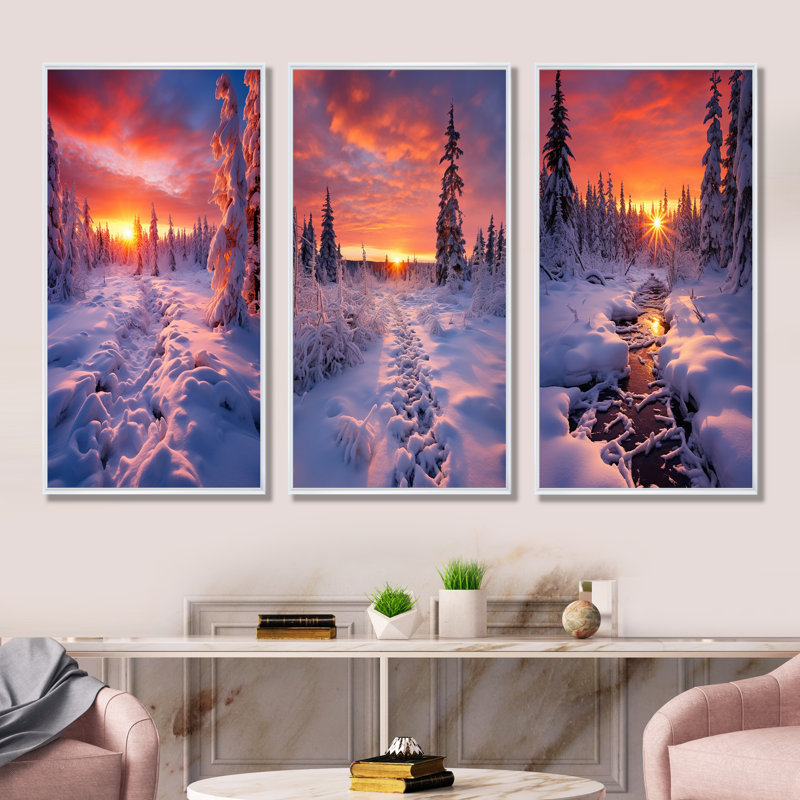 Rose et jaune en hiver lever de soleil I - ensemble de 3 décorations murales d'hiver, Cadre flottant blanc, H 32 po x l 48 po