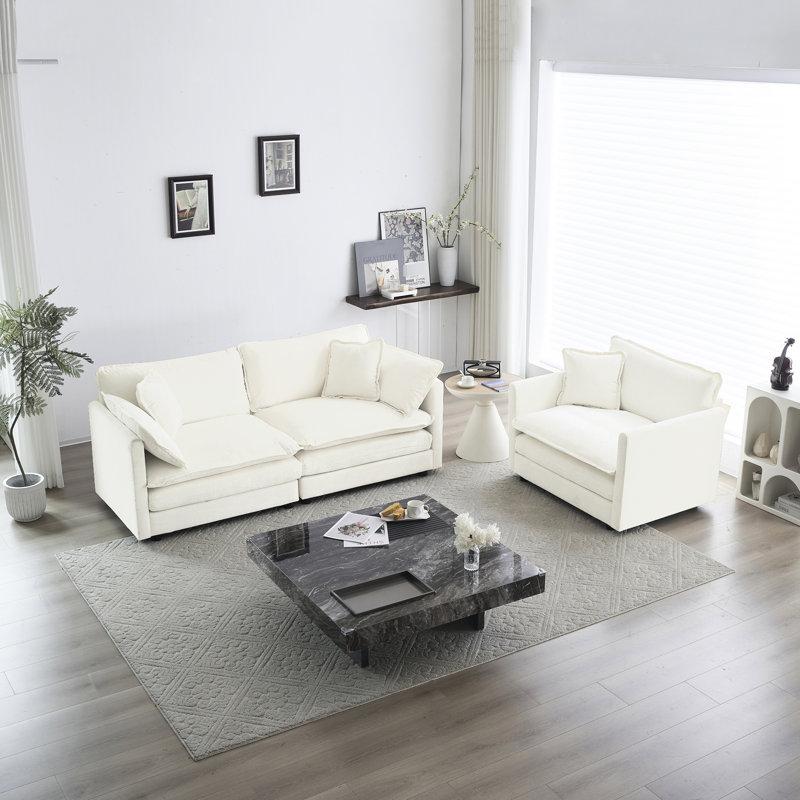 Ensemble 2 pièces en chenille et chaise blanches, structure en bois massif, tissu respirant, sièges de salon luxueux, configuration relaxante,