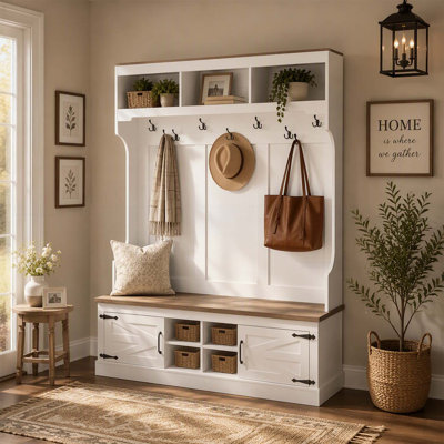 Arbre d'entrée 71 po avec banc et rangement pour chaussures, rangement d'entrée 5 en 1 avec portemanteau, casiers et crochets