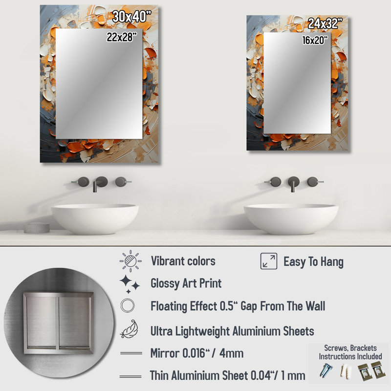 Orange and white abstract spiral collage - Abstract Collages Large Mirror, Modern Unique Wall Mirror Decor, Printed Metal Art