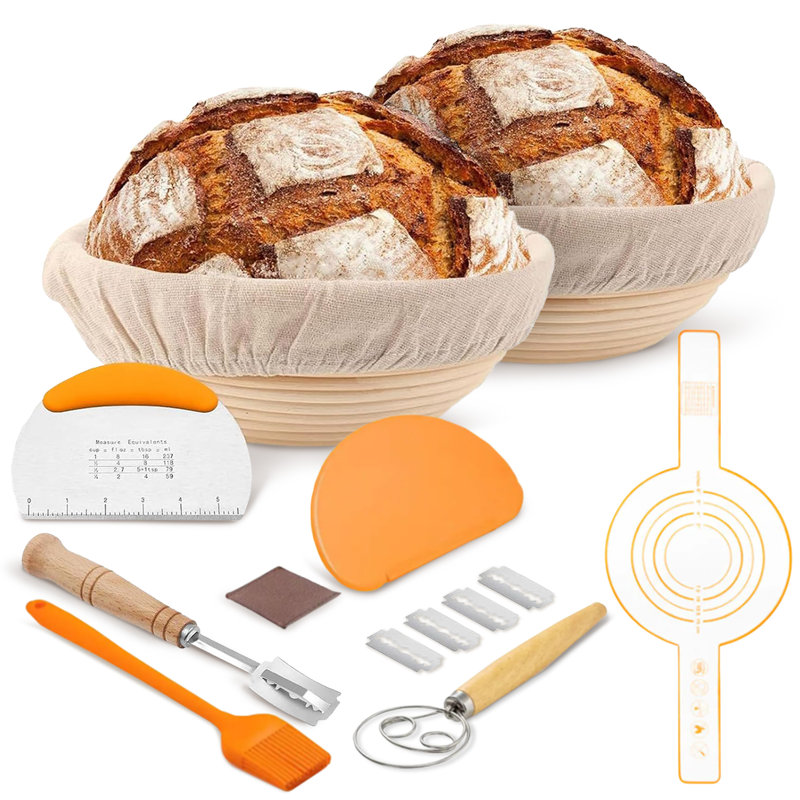 2-Piece Natural Rattan Round Bread Proofing Basket Set Baking Tools