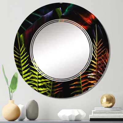 Feuilles tropicales ton sur ton noir II - miroir mural rond rond