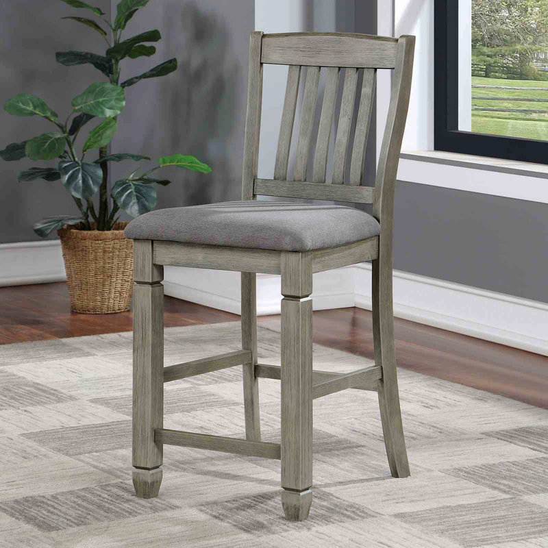 Ensemble de 2 chaises transitionnelles à hauteur de comptoir - siège rembourré en tissu, dossier à lattes brossées, finition gris / gris clair