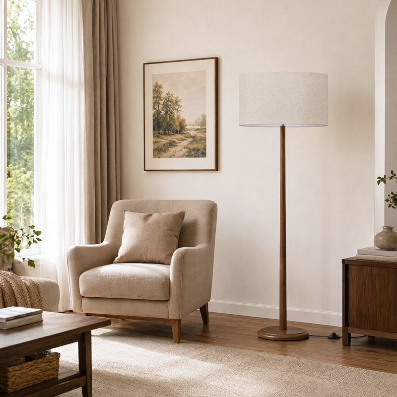 Lampadaire moderne de 155 cm en bois massif naturel avec abat-jour cylindrique en lin beige, certifié cULus, idéal pour le salon, la chambre, le bureau ou la salle d'étude.