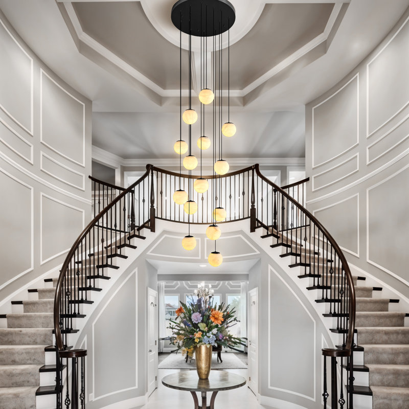 14-Lights Alabaster Staircase Chandelier, Matte Black