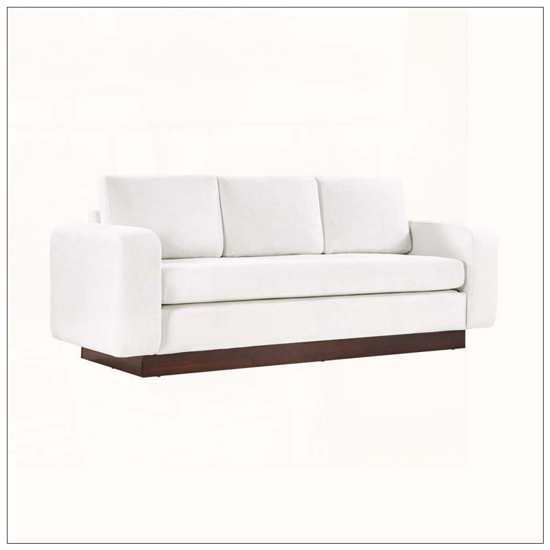 Canapé 3 places en chenille avec accoudoirs larges et base en bois d'hévéa robuste, White Chenille