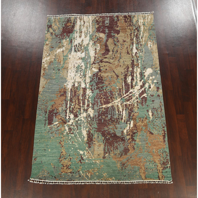 Tapis vert / brun noué à la main de conception unique 6 pi 2 po x 9 pi 2 po New Age