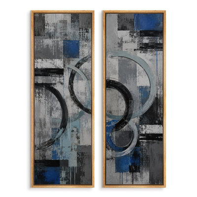 Blue Black Geometric Circle Abstract – Set of 2 Framed Wall Art Print on Canvas 60"x20"x2