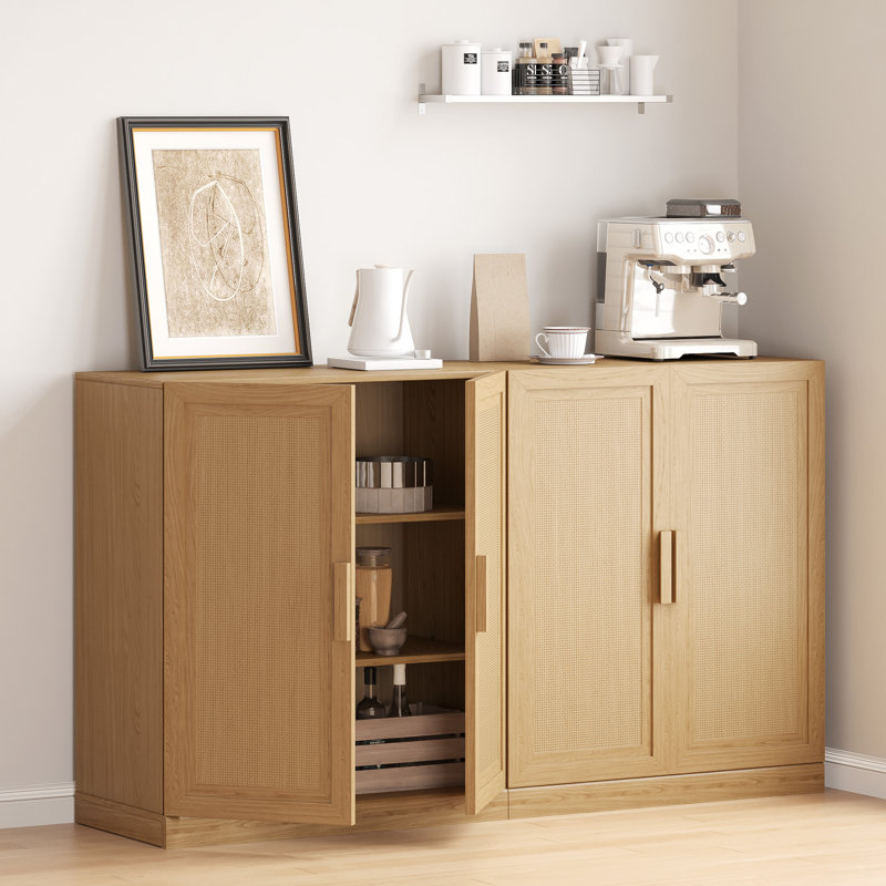 Rattan Door Sideboard Buffet Storage Cabinets with Adjustable Shelves, Natural, 36" H x 31" W x 16" D