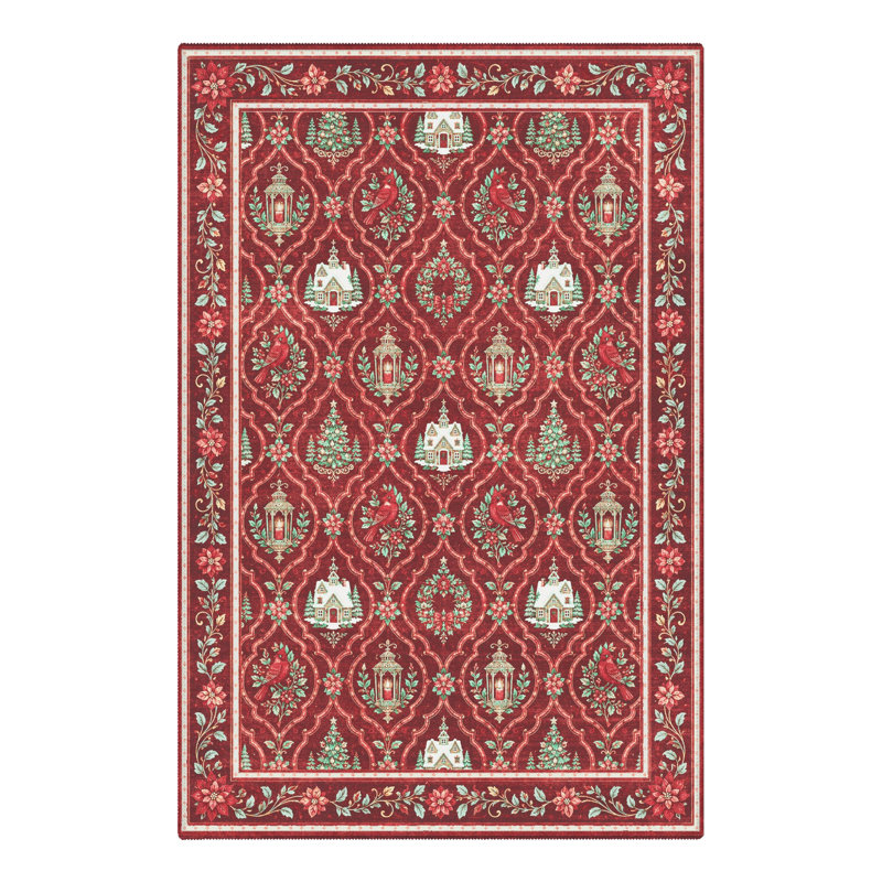 Tapis de salon lavable à poils courts, motif animaux de Noël cardinaux et lanternes, rouge et vert, Rectangulaire 2 pi x 3 pi