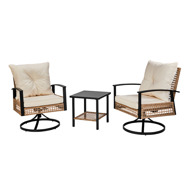 Patio 3-Piece All Weather Wicker Swivel Rocking Bistro Set With Cushions