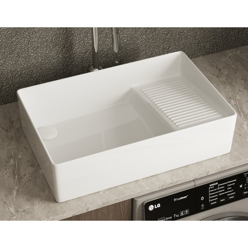 Perch 24" X 15" Square Ceramic White Vessel Sink Bathroom Sink With Slanted Washboard Design