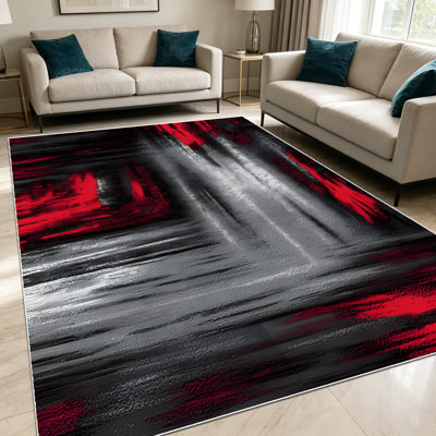 1PC Modern Abstract Black Red Grey Brushstroke Print area rugs for Living Room, Soft and Comfortable, Suitable for all seasons, easy-to-maintain, machine washable Indoor floor mat, Under Table Farmhouse suitable for dining room, bedroom...