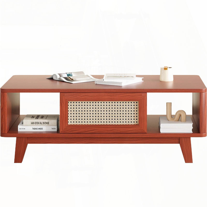 Mid-Century Square Coffee Table with Rattan Drawer and Solid Wood Legs, Brown