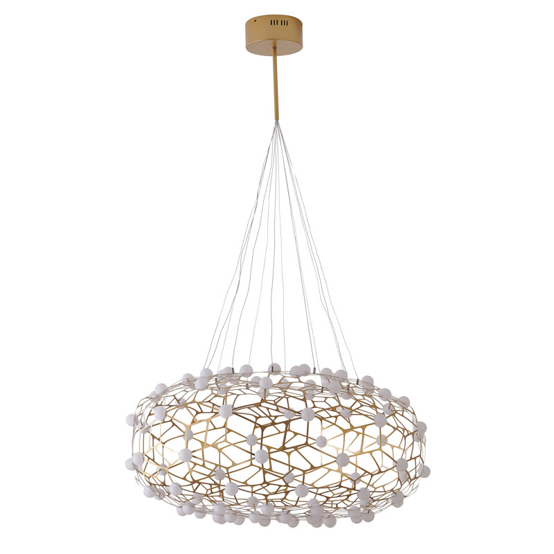 Lustre 90 lumières DEL dorées à intensité variable avec diffuseurs en acrylique blanc