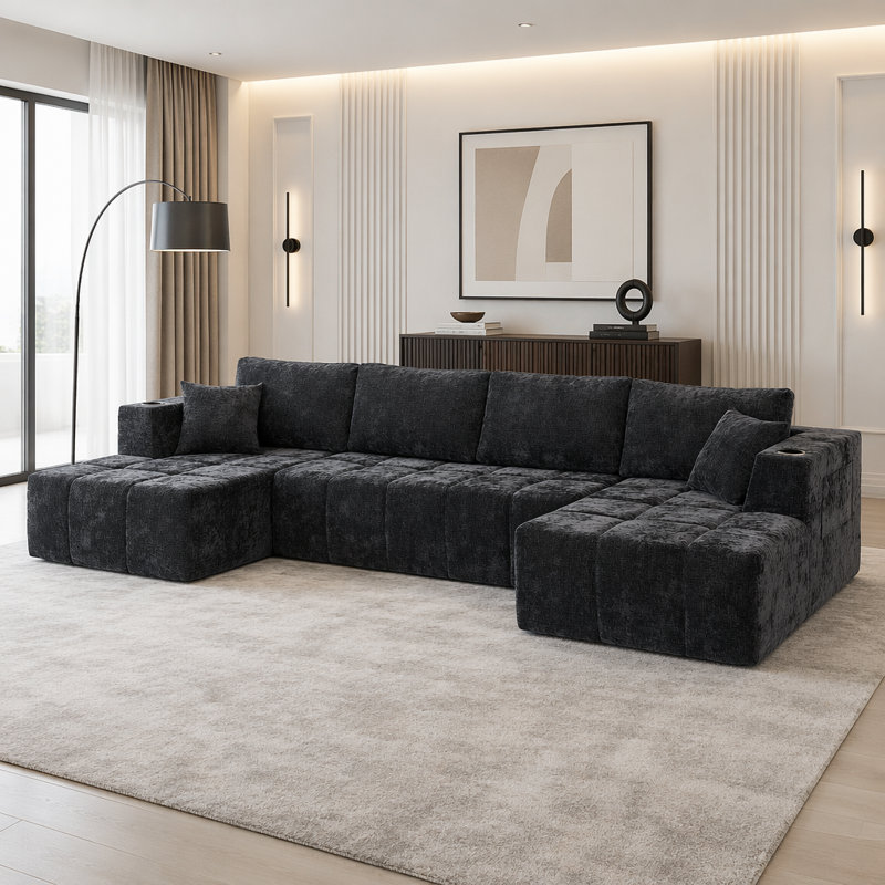 Canapé modulaire en chenille, canapé désossé de style nuage avec méridienne, canapé rembourré moderne avec porte-gobelets et poches latérales, canapé à compression