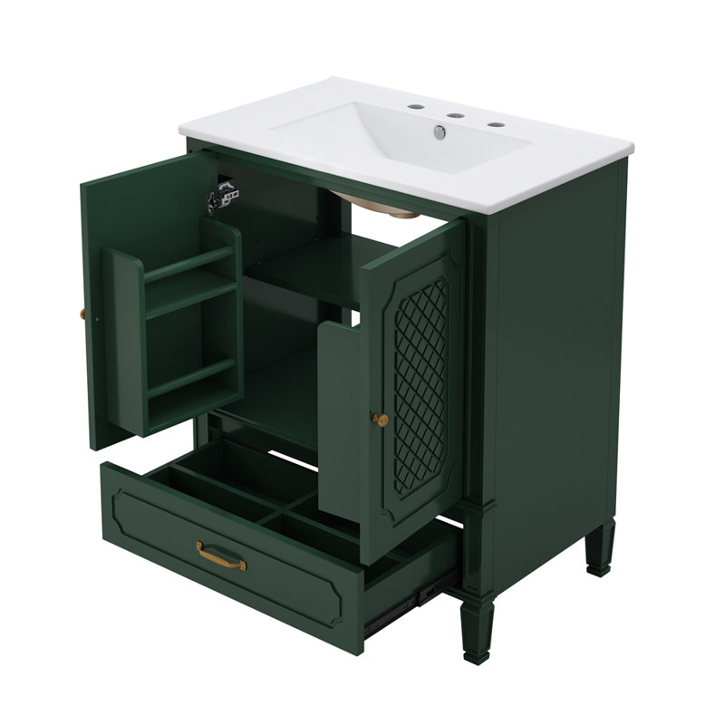 Meuble-lavabo 30 po avec lavabo style rétro, multifonctionnel, Vert foncé