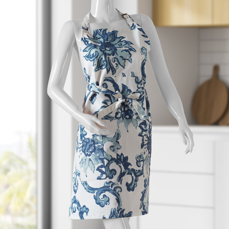 Printed Cotton Kitchen Apron with Pockets Adjustable, Indonesian Blue