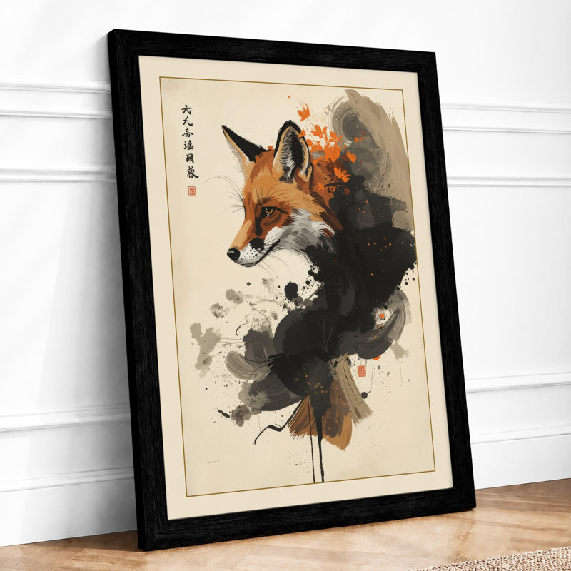 Fox in Ink Japandi - Framed Print, A3 - 42.0 x 29.7 cm, Black