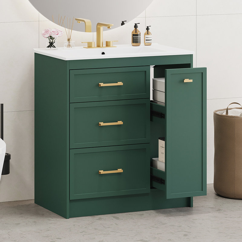 Ensemble de meuble-lavabo avec trois tiroirs, parfait pour les petites salles de bain, Vert