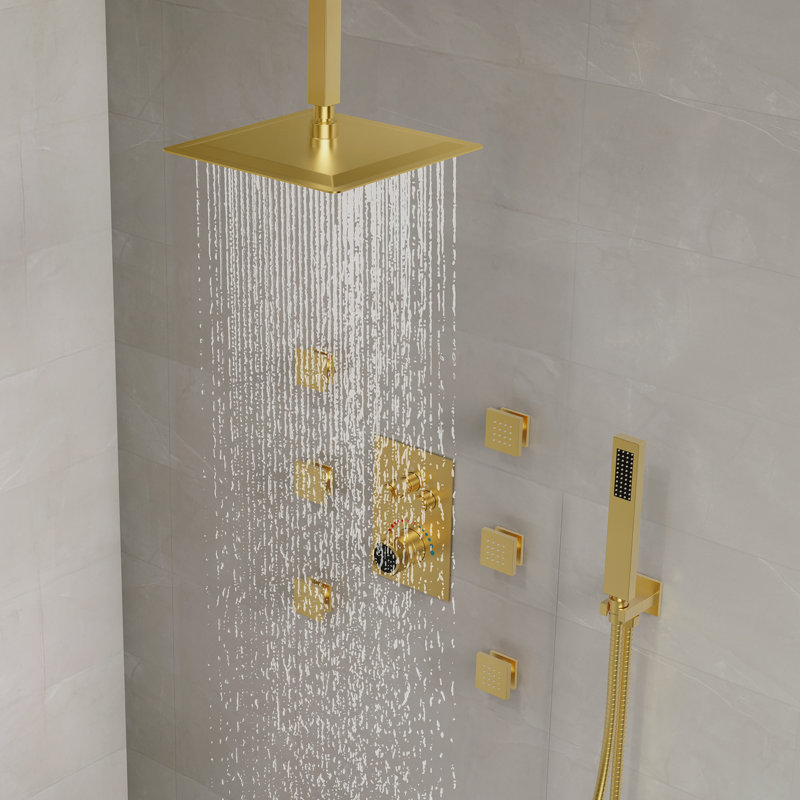 Système de douche thermostatique à effet pluie de 30 cm (12 po) à montage au plafond, avec 6 jets corporels et douchette à main