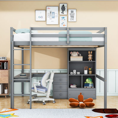 4 Drawers Full Wood Loft Bed With L-Shaped Desk, Shelves, Ladder & Guardrails by Harriet Bee