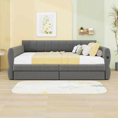 Queen Upholstered Daybed with USB Charging and Storage Drawers