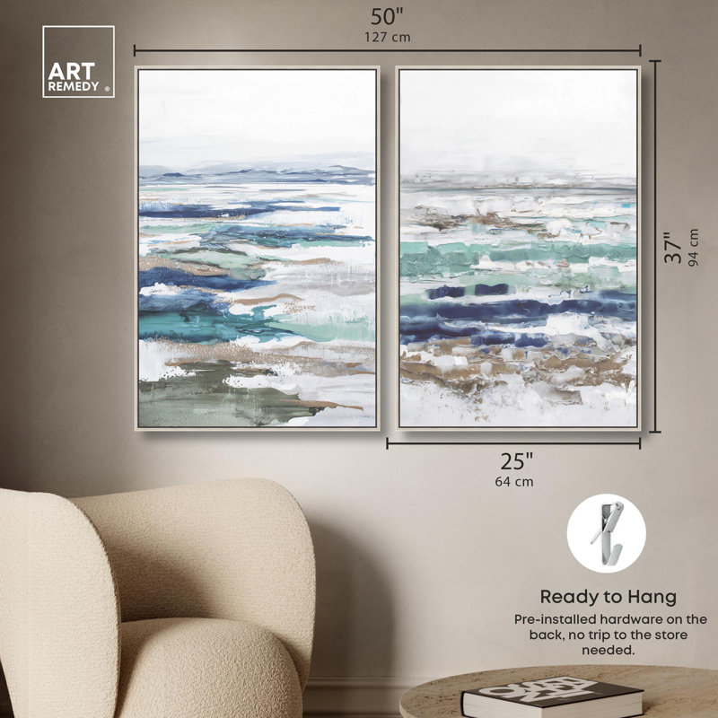 «Coral Coastal Blue Art», ensemble de 2 impressions sur toile par , H 37 po x l 25 po, Argent argent