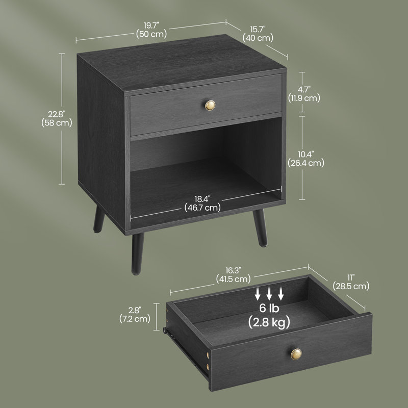 19.7" W Vansant 1 - Drawer Nightstand with Drawer and Open Compartment, Solid Wood Legs, Black