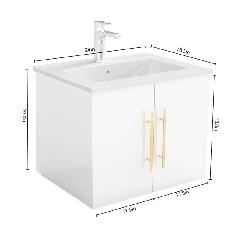 Meuble-lavabo mural Glamora de 24 po avec charnières à fermeture en douceur et fabrication durable, Blanc lustré